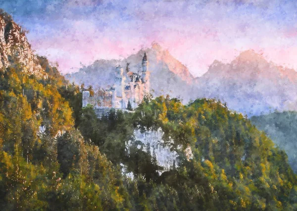 Acryl Digital Painting Von Entspannenden Blick Auf Die Berge Wald — Stockfoto