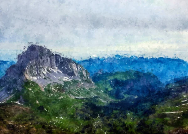 森林中松驰山景的丙烯酸数字绘画 水彩画森林树木手绘油墨 俯瞰全景的高山草甸 著名游客点绘画布 — 图库照片