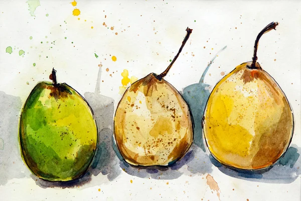 Tre päron - akvarellmålning — Stockfoto