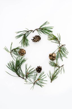 Noel için yuvarlak bir çerçeve ya da çam dalları ve kozalaklardan yapılmış yeni yıl. Üst görünüm, düz görünüm, kopyalama alanı.