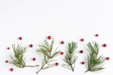 Beyaz arka planda kızılcık ve çam dalları olan bir Noel arkaplanı. Üst görünüm, düz görünüm, kopyalama alanı