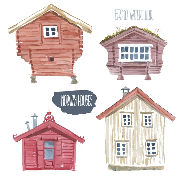 Norska hus. Vektor akvarell illustration. — Stock vektor