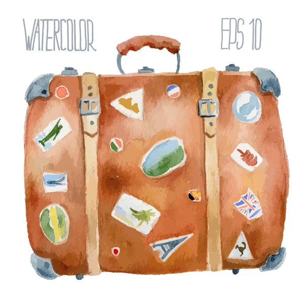 Valise de voyage rétro avec autocollants. Illustration vectorielle aquarelle . — Image vectorielle