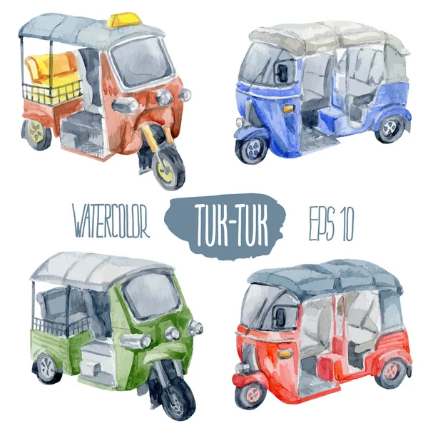 Tuk-tuk instellen. Aquarel vectorillustratie. — Stockvector