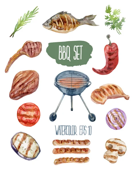 Barbekü ayarlayın. Vektör suluboya resim.