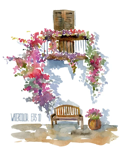 Sommaren balkong. Vektor akvarell illustration. — Stock vektor