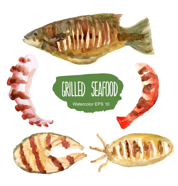 Grilled seafood set. Vector watercolor illustration. — Stockový vektor