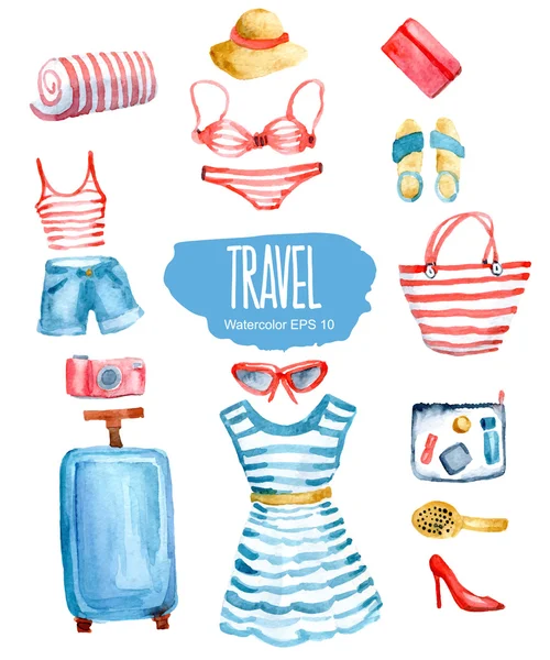 Woman's travel set. Vector watercolor illustration. — Διανυσματικό Αρχείο