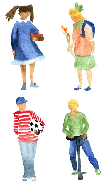 Okul çocukları. Suluboya resim.