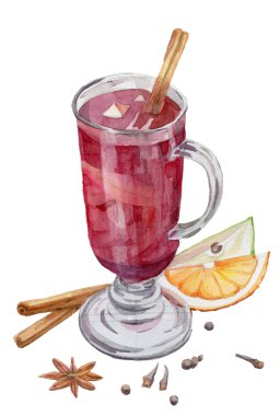 Bir bardak şarap mulled. Suluboya resim.