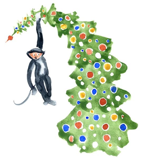 Noel ağacı ile maymun. Suluboya resim. 