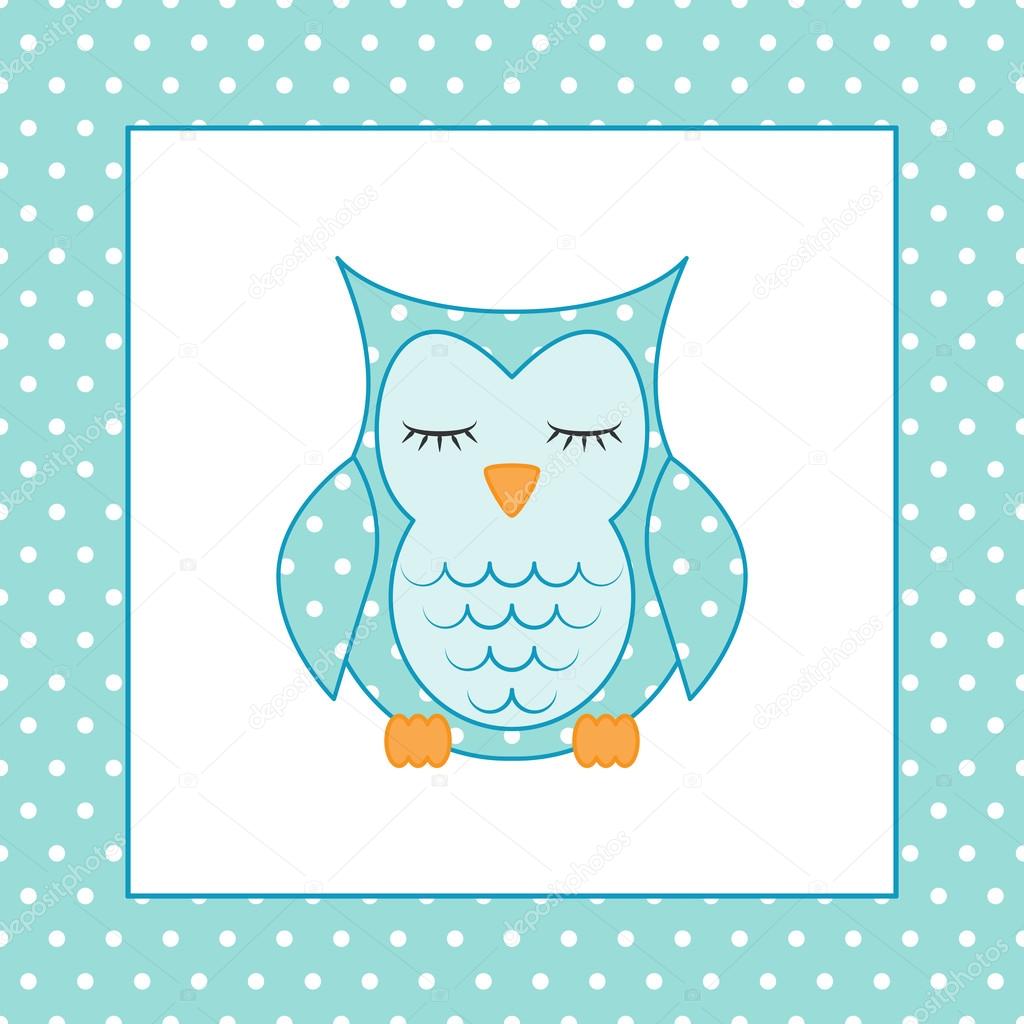 Sleeping owl applique and seamless pattern polka dots on blue background. Vector illustration. Useful for the design of children album, greeting card and invitation. Swatch inside. Flat design style.