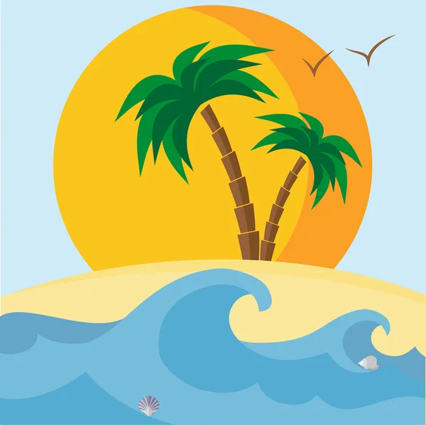 Palmy, plaża, muszle, zachód słońca i fale. — Wektor stockowy