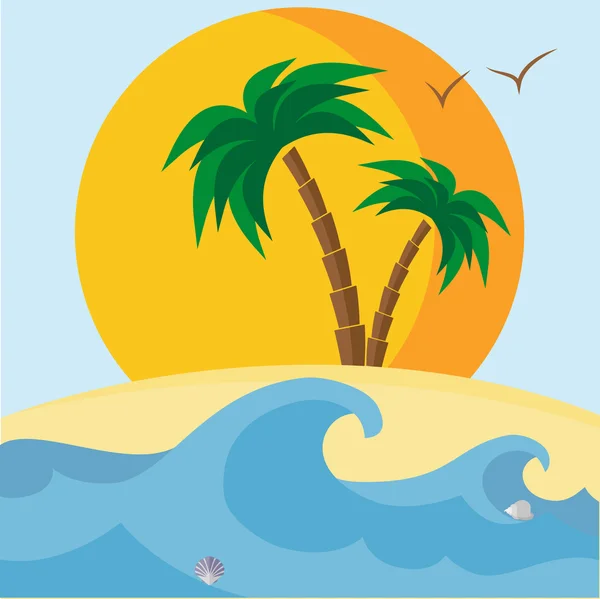 Palmeras, playa, conchas marinas, puesta de sol y olas . — Vector de stock