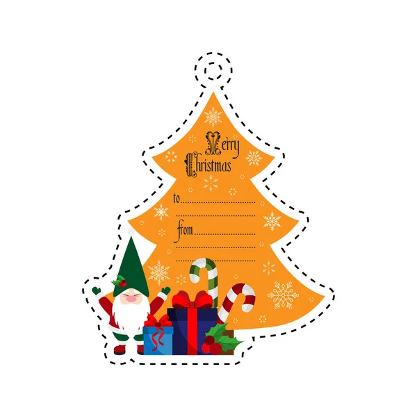 Árbol de Navidad y gnomo con regalos. Etiqueta regalo — Vector de stock