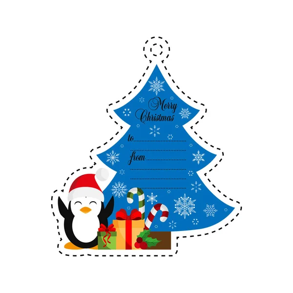 Árbol de Navidad y pingüino con regalos. Etiqueta regalo — Vector de stock