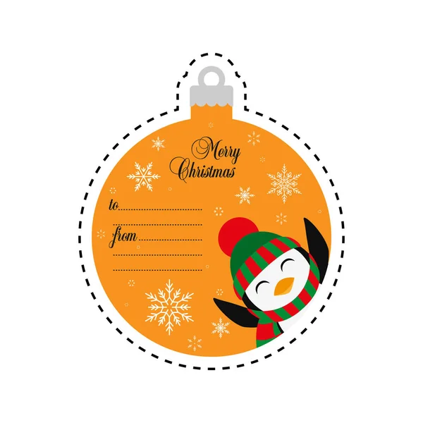 Pingüino en un sombrero de punto y bufanda. Feliz Navidad. Etiqueta regalo. Tarjeta. Vector. Plano — Vector de stock