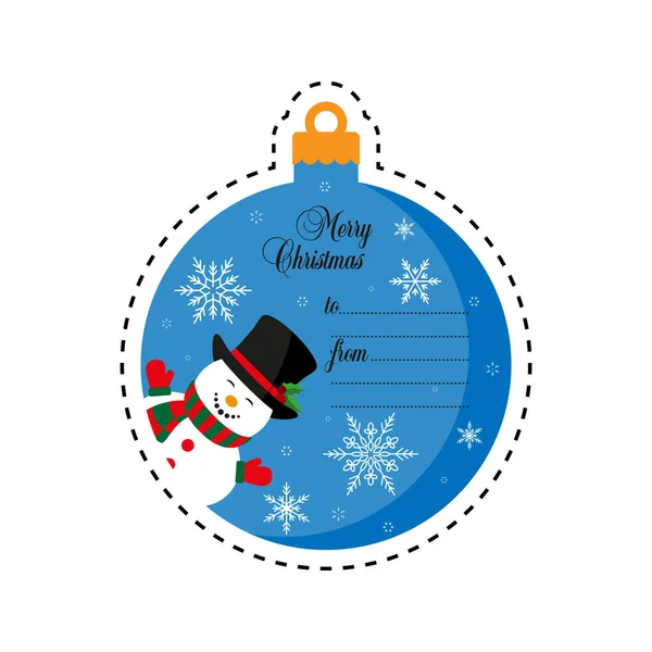 Bonhomme de neige au chapeau noir. Joyeux Noël. Boule de Noël. Une étiquette cadeau. Carte. Vecteur. Plat — Image vectorielle