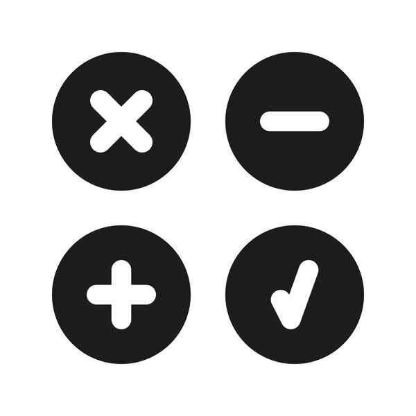 Check mark, delete, plus, minus.