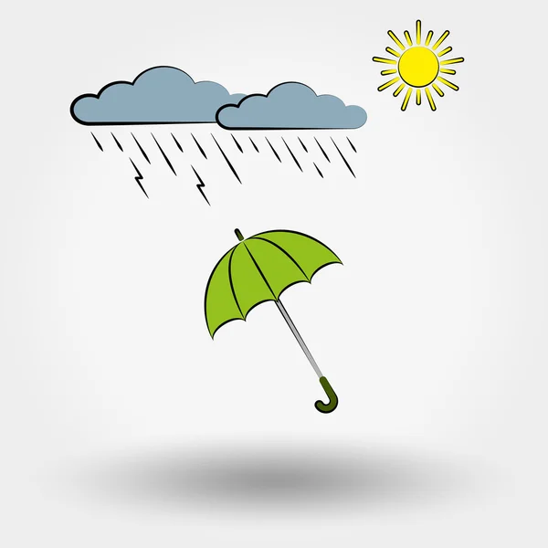 Deszczowa pogoda z chmury, słońce i parasol. — Wektor stockowy