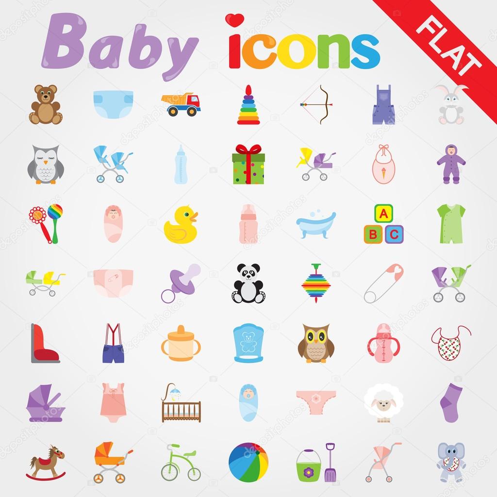 Baby. Icon set for web and mobile application. 49 Vector illustrations on a white background. Flat design style