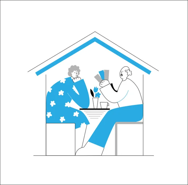 Cute senior couple sitting inside a house. — Stock Vector