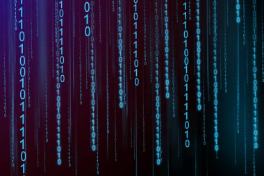 Dijital ikili veri ve ikili kod arkaplanı. 1.0 basamaklı matris arkaplan. Ekranda ikili matris kodu akışı. Bilgisayar matrisinin numaraları. Kodlama, hacker veya madencilik bitcoin kripto para birimleri kavramı.