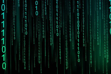 Dijital ikili veri ve ikili kod arkaplanı. 1.0 basamaklı matris arkaplan. Ekranda ikili matris kodu akışı. Bilgisayar matrisinin numaraları. Kodlama, hacker veya madencilik bitcoin kripto para birimleri kavramı.
