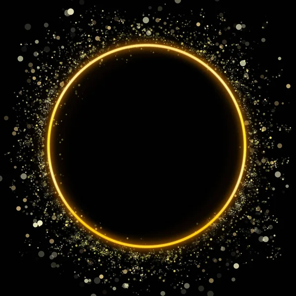 Siyah arka planda yuvarlak altın çerçeve. Altın çember, parla, bokeh, parla. Noel çerçevesi.