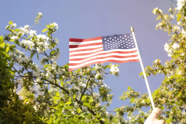 Drapeau Américain Sur Fond Ciel Bleu Avec Lumière Soleil Drapeau — Photo