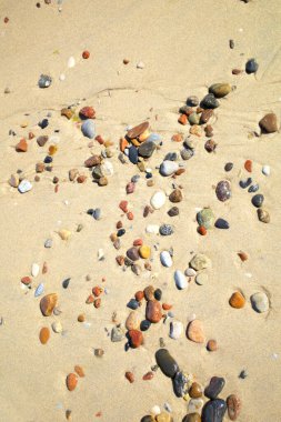 Kumlu okyanus kumsalı, çakıl taşları, kumlu arka plan, kayalık plaj. Deniz çakıl taşları.