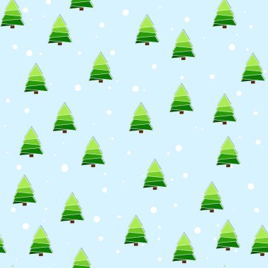 Şablon. Mavi arka planda, karlı Noel yeşil ağaçları..