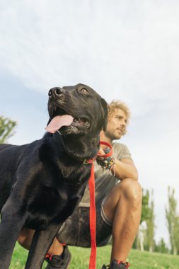 Adam köpeğini ile eğleniyor.