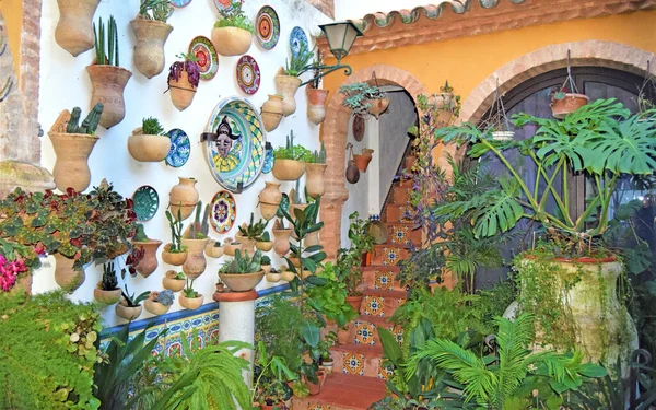 Pátio Típico Andaluzia Cheio Plantas Flores Cerâmica — Fotografia de Stock