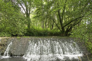 San Nicolas del Puerto 'daki Hueznar nehrinde küçük bir şelale, Kuzey Seville Dağı, Endülüs, İspanya