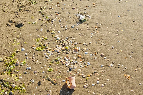 Plásticos Otros Desechos Orilla Una Playa Mezclada Con Arena Las — Foto de Stock