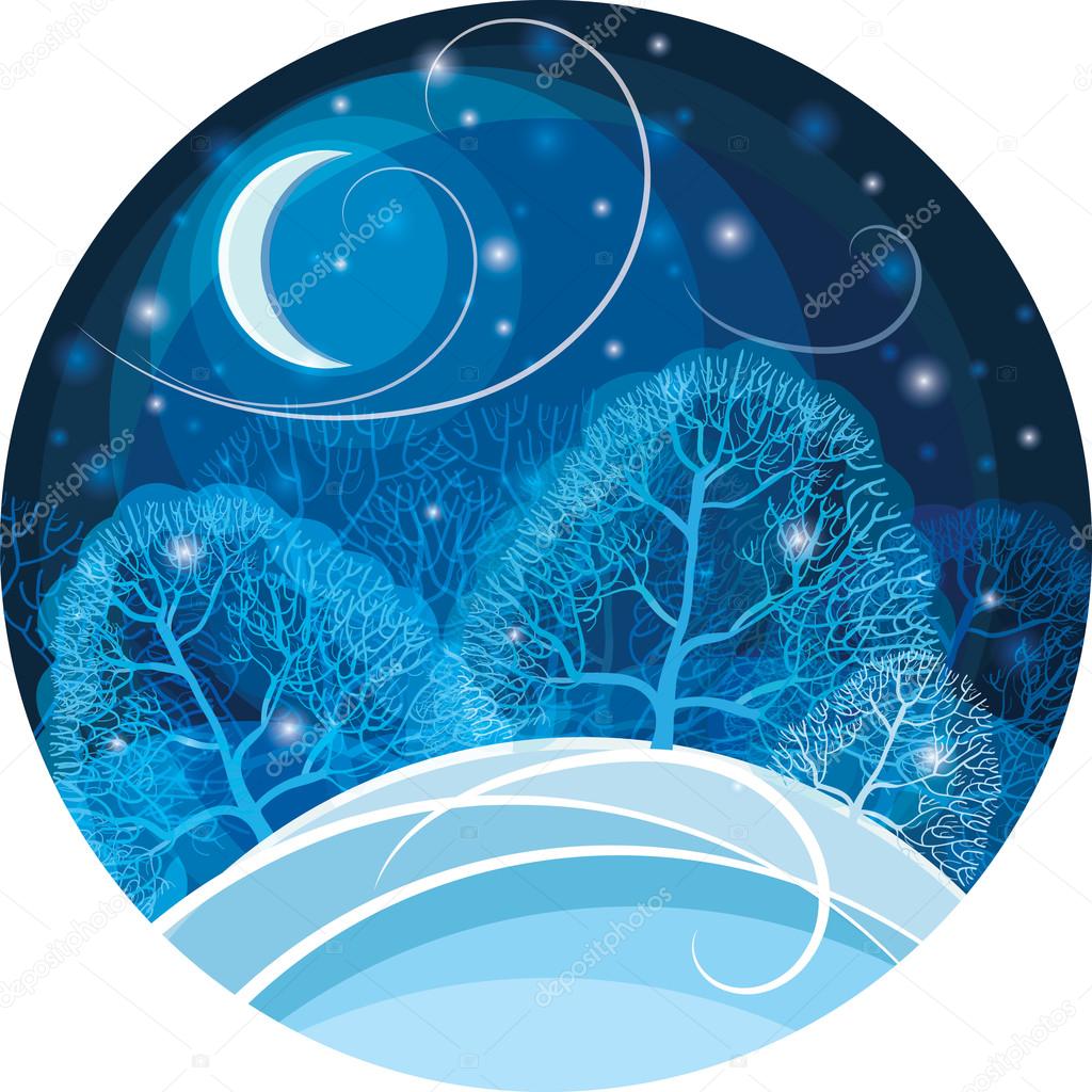 Winter night in the forest. Vector illustration.