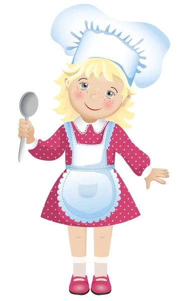 Sevimli sarışın kız bir şefin şapka ve önlük vektör çizim.