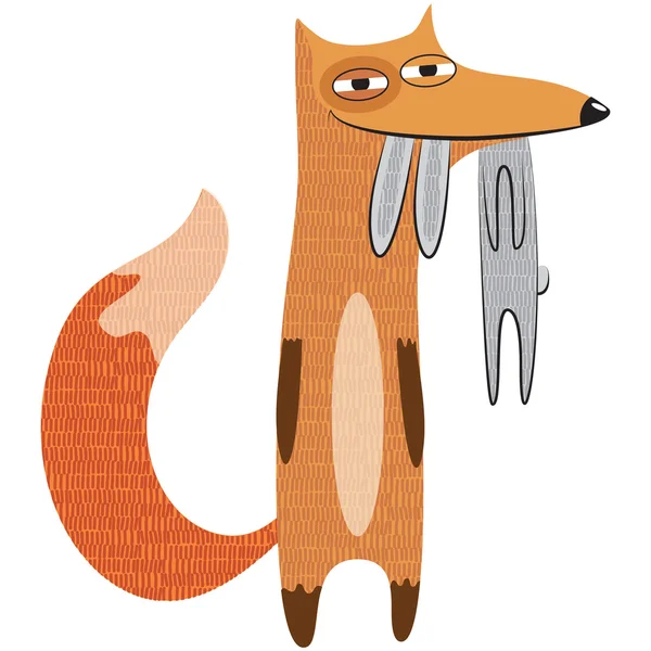 Εικονογράφηση φορέας αστεία μια αλεπού γελοιογραφία κρατώντας ένα κουνέλι σε h — Διανυσματικό Αρχείο