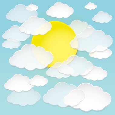 Vektör soyut kağıt bulutlar ve mavi gökyüzünde güneş.
