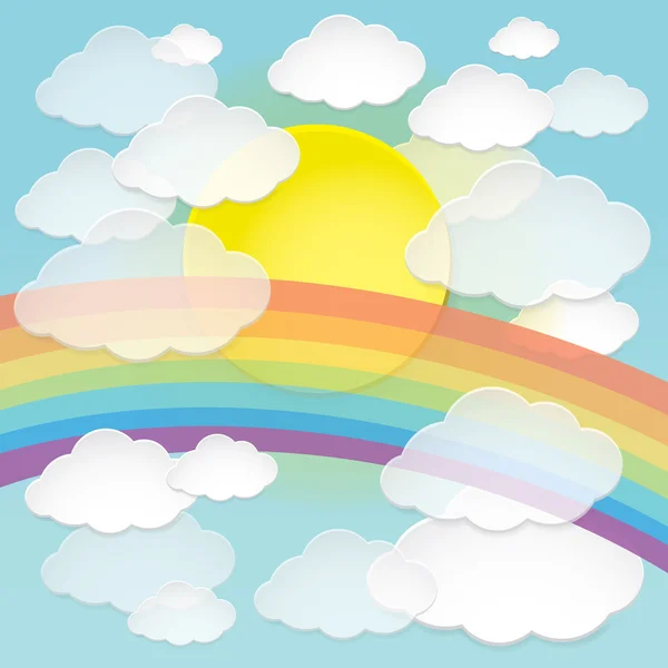 Nubes de papel abstracto vectorial, sol y arco iris en el cielo azul . — Vector de stock