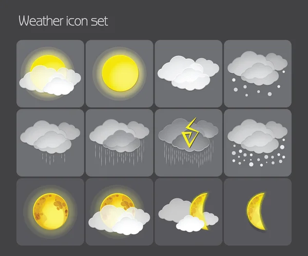 Conjunto vectorial de iconos meteorológicos sobre un fondo oscuro . — Vector de stock