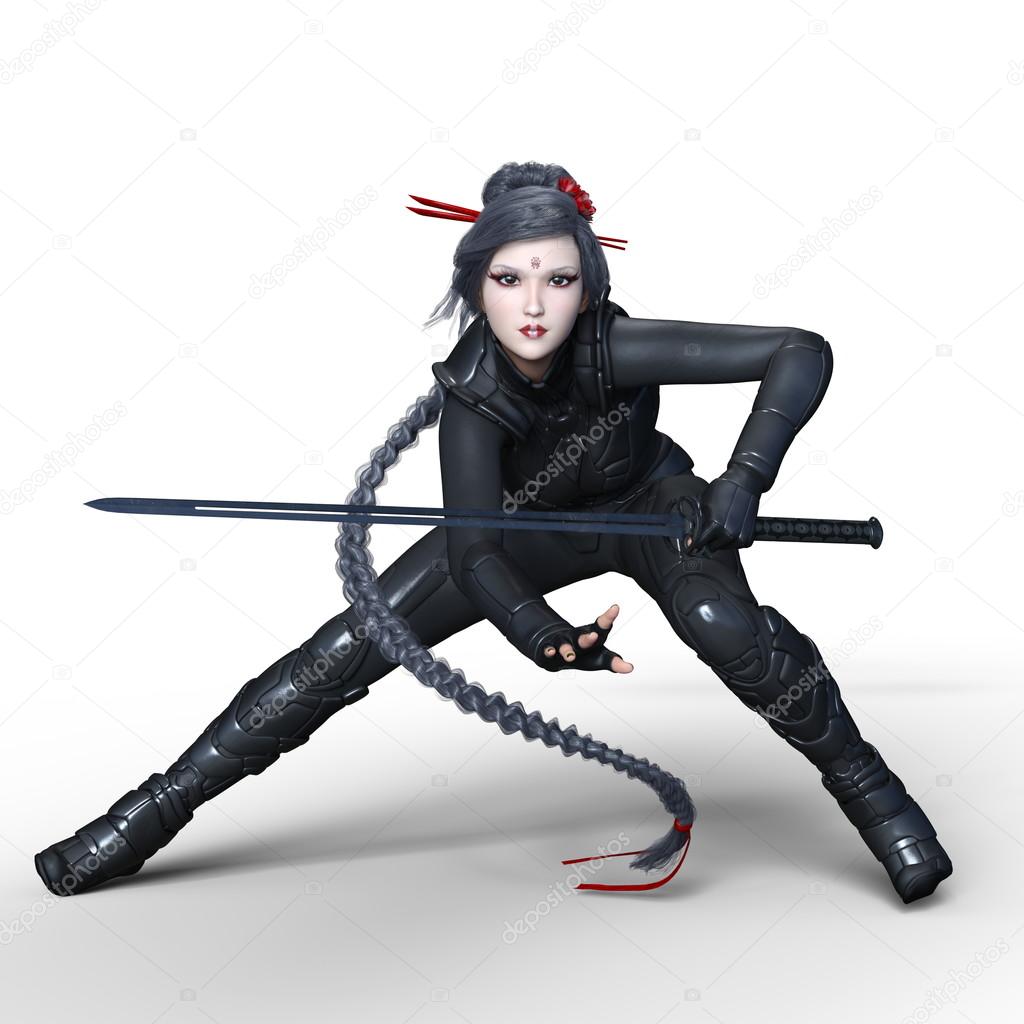 A female ninja wearing an onyx black ninja uniform