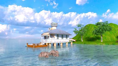 House 'un deniz kenarındaki 3D canlandırması