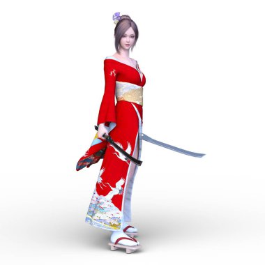 Kimonolu kadının 3 boyutlu görüntüsü