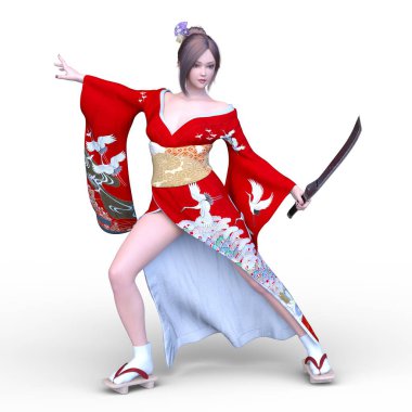 Kimonolu kadının 3 boyutlu görüntüsü