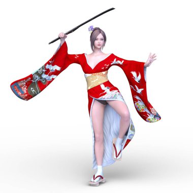 Kimonolu kadının 3 boyutlu görüntüsü