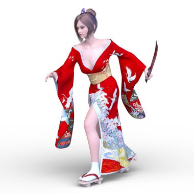 Kimonolu kadının 3 boyutlu görüntüsü