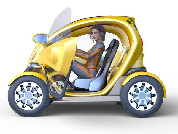 Rendering Woman Mini Car — Stock Photo, Image
