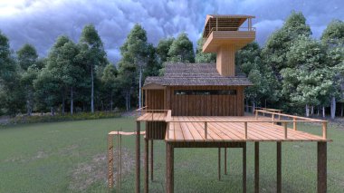 Tahta evin 3 boyutlu CG görüntülemesi